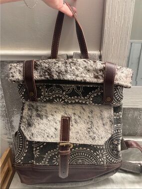 Beautiful Myra Bag Brown, White and Black Patterned Backpack with Faux Fur Trim